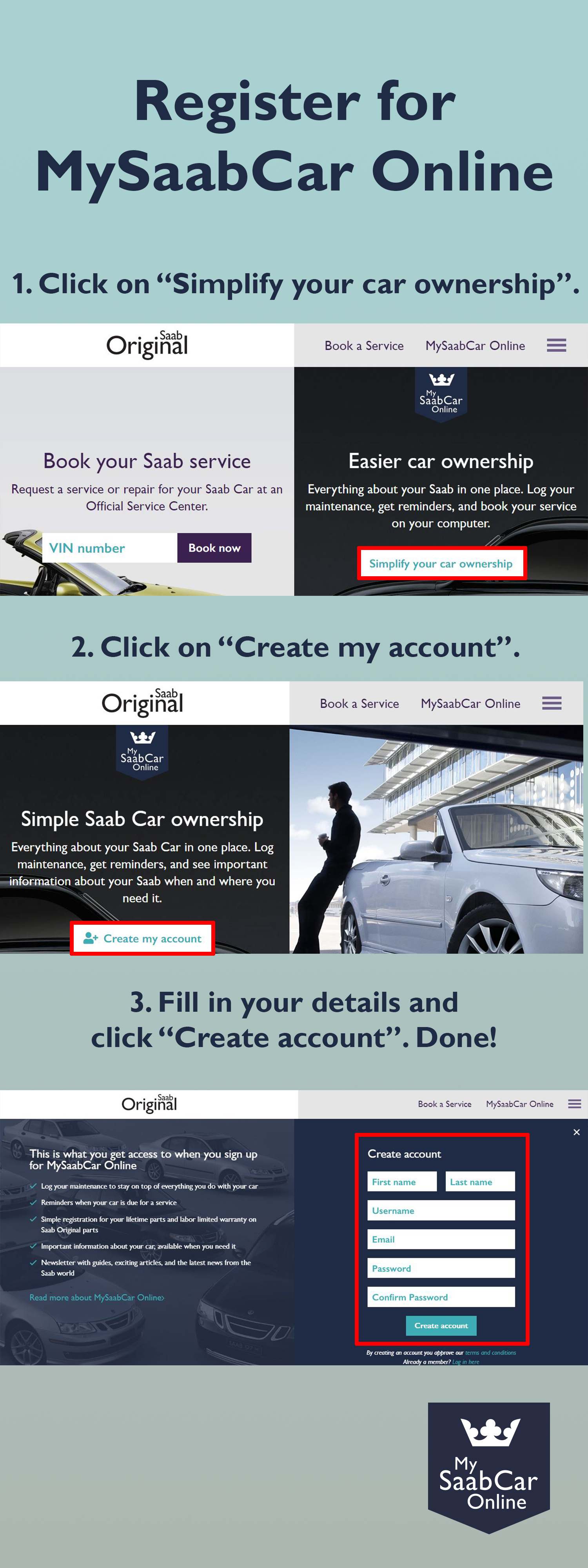 Create account MySaabCar Online